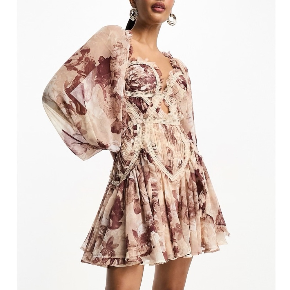 ASOS Floral Mini Dress in Cream and Brown